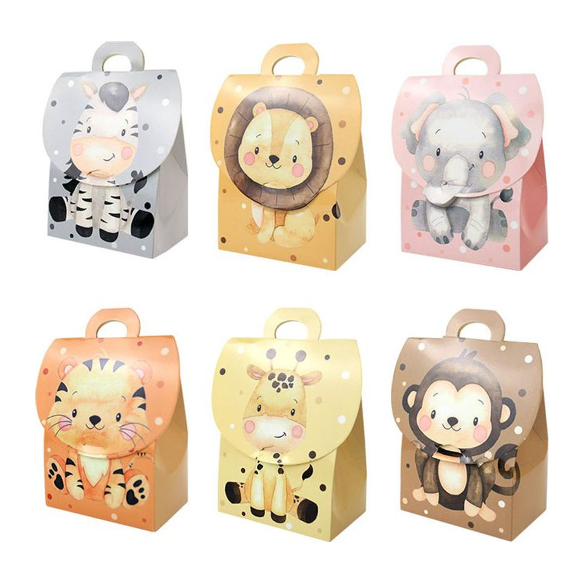 24 oder 48 Stück Safari Tier Geschenkboxen mit Dschungel Tier Print und Griffen aus Papier, mehrfarbig, rechteckig - Bild 1