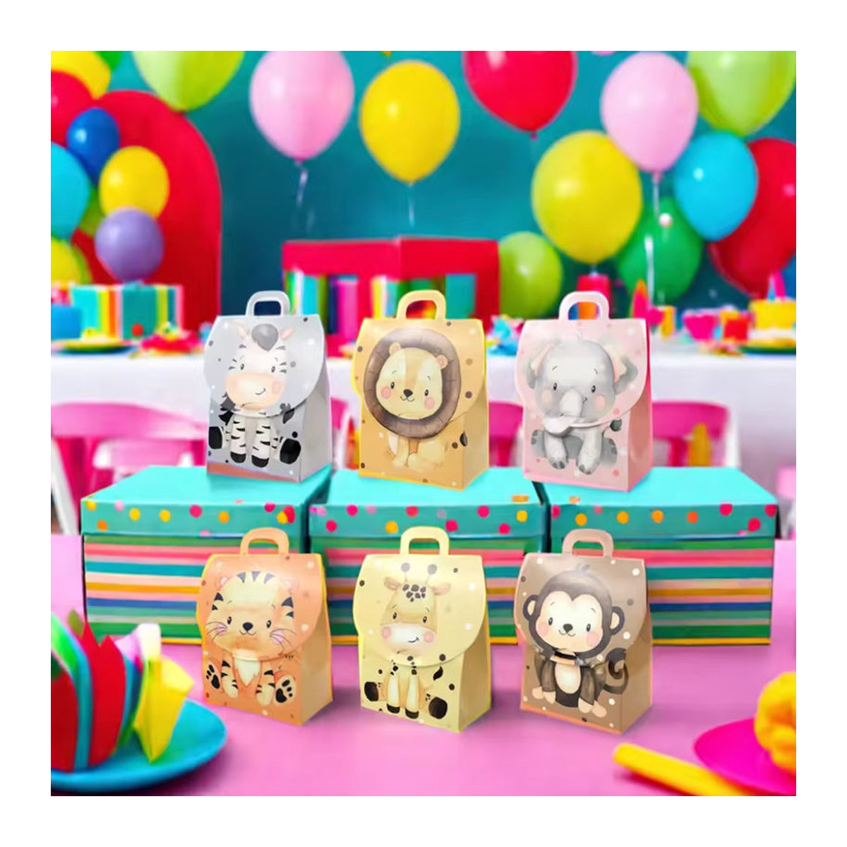 24 oder 48 Stück Safari Tier Geschenkboxen mit Dschungel Tier Print und Griffen aus Papier, mehrfarbig, rechteckig - Bild 3