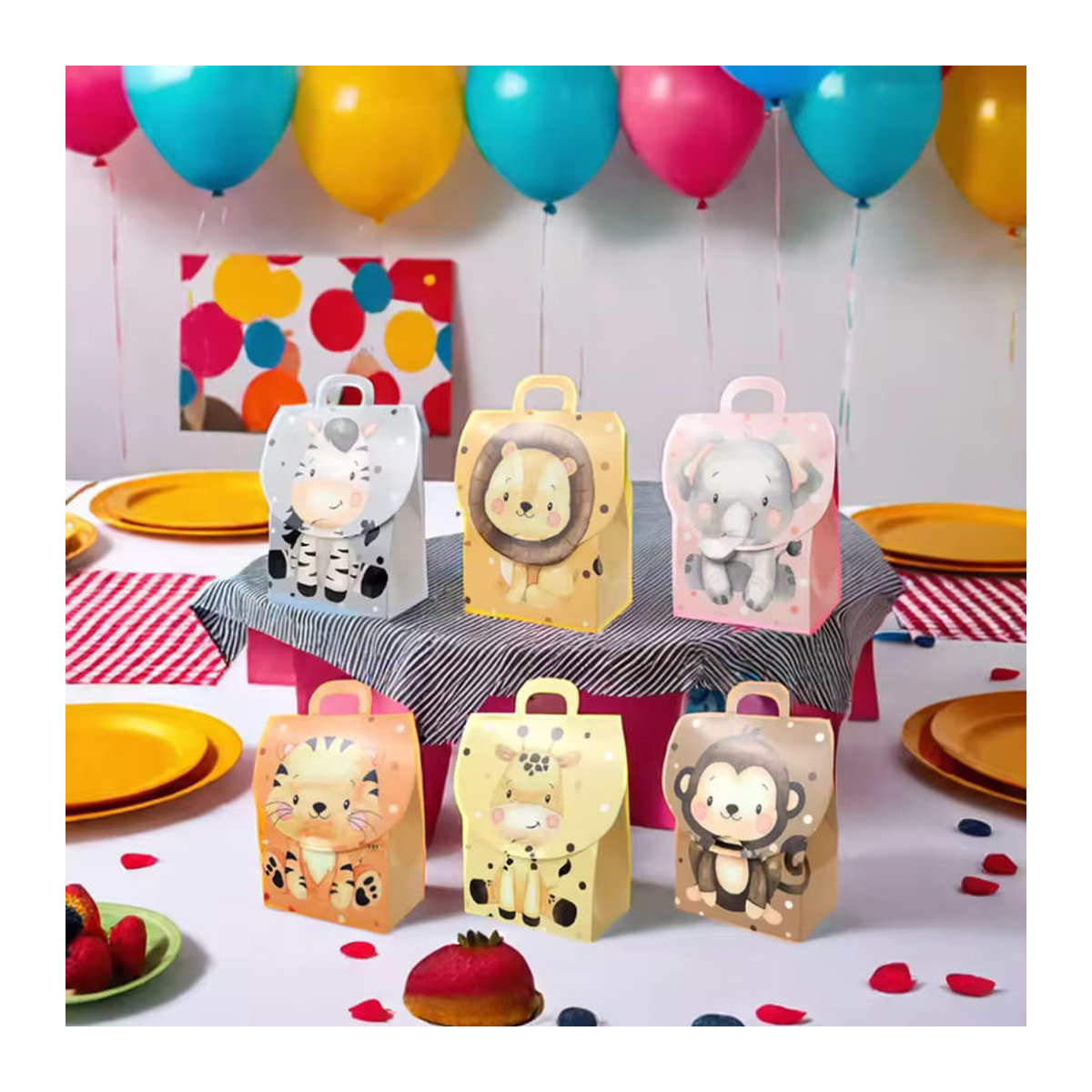 24 oder 48 Stück Safari Tier Geschenkboxen mit Dschungel Tier Print und Griffen aus Papier, mehrfarbig, rechteckig - Bild 4