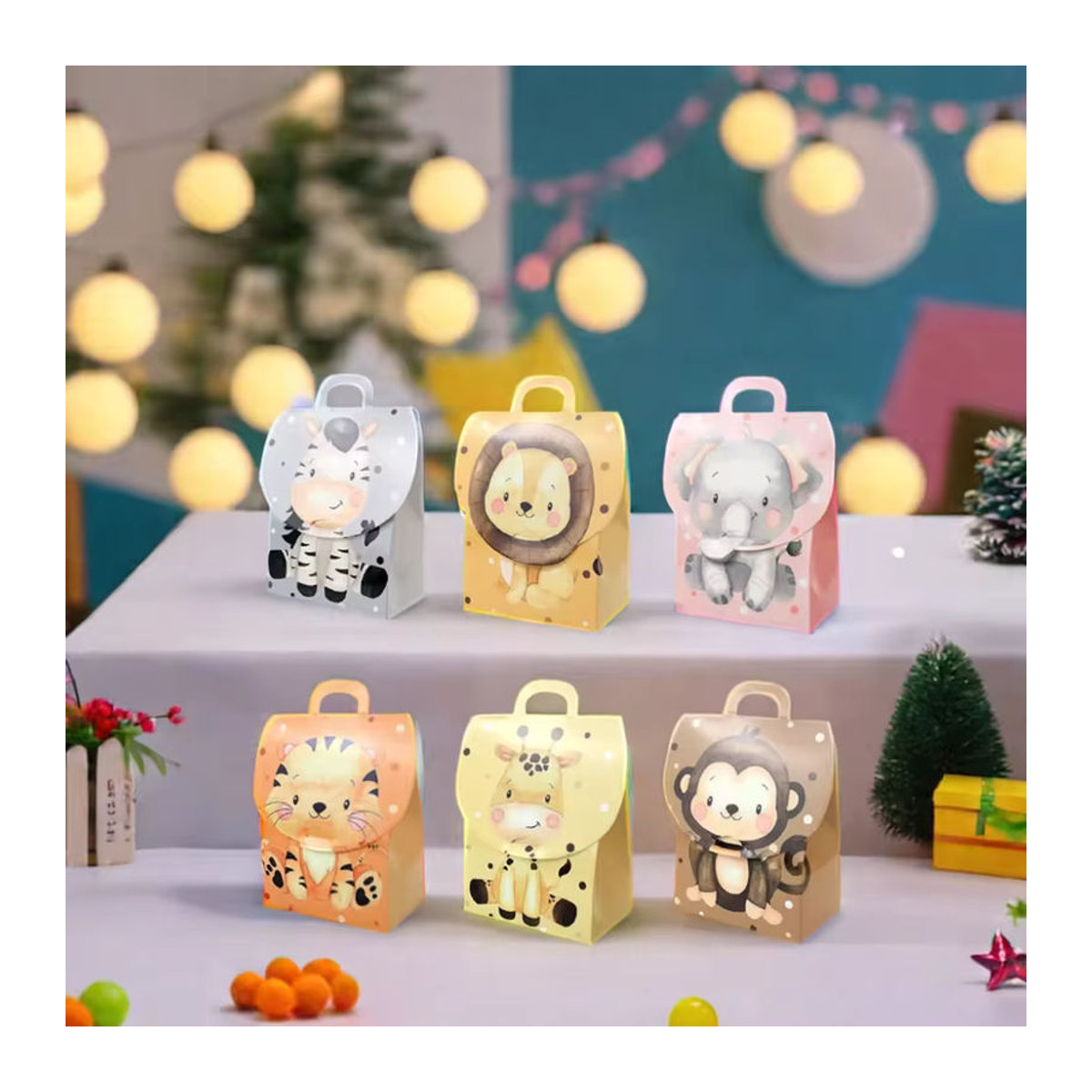 24 oder 48 Stück Safari Tier Geschenkboxen mit Dschungel Tier Print und Griffen aus Papier, mehrfarbig, rechteckig - Bild 6