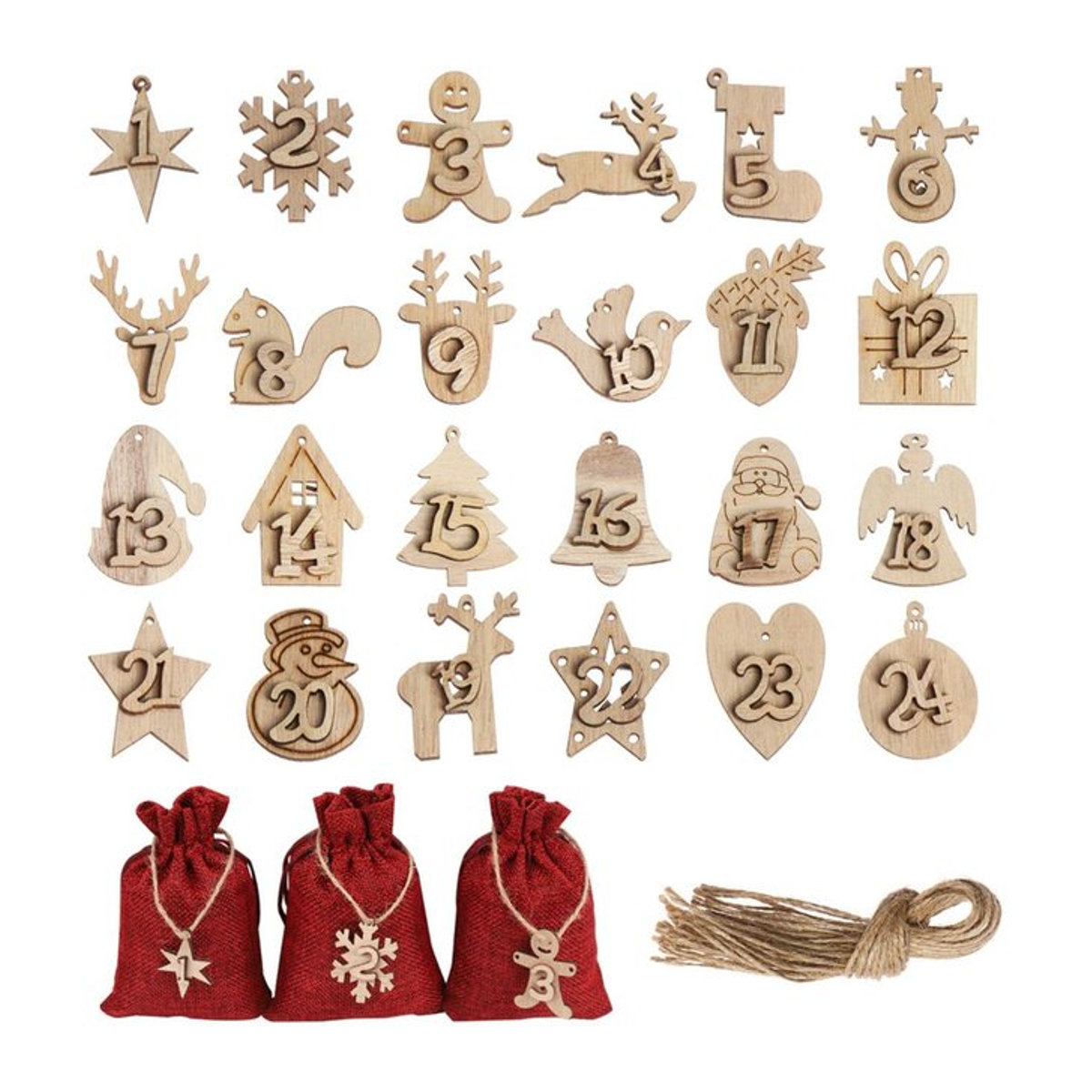 24 rustikale Holz-Labels für deinen Adventskalender in Beige zum Aufhängen für DIY-Geschenkbeutel - Bild 1