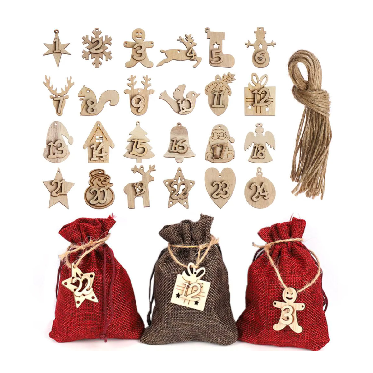 24 rustikale Holz-Labels für deinen Adventskalender in Beige zum Aufhängen für DIY-Geschenkbeutel - Bild 2