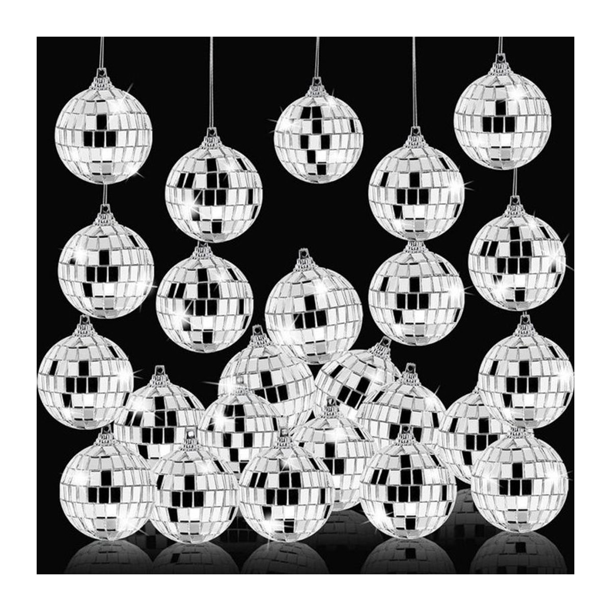 24 Stück silberne Disco-Spiegelkugeln aus Glas als hängendes Weihnachtsornament zur Dekoration - Bild 1