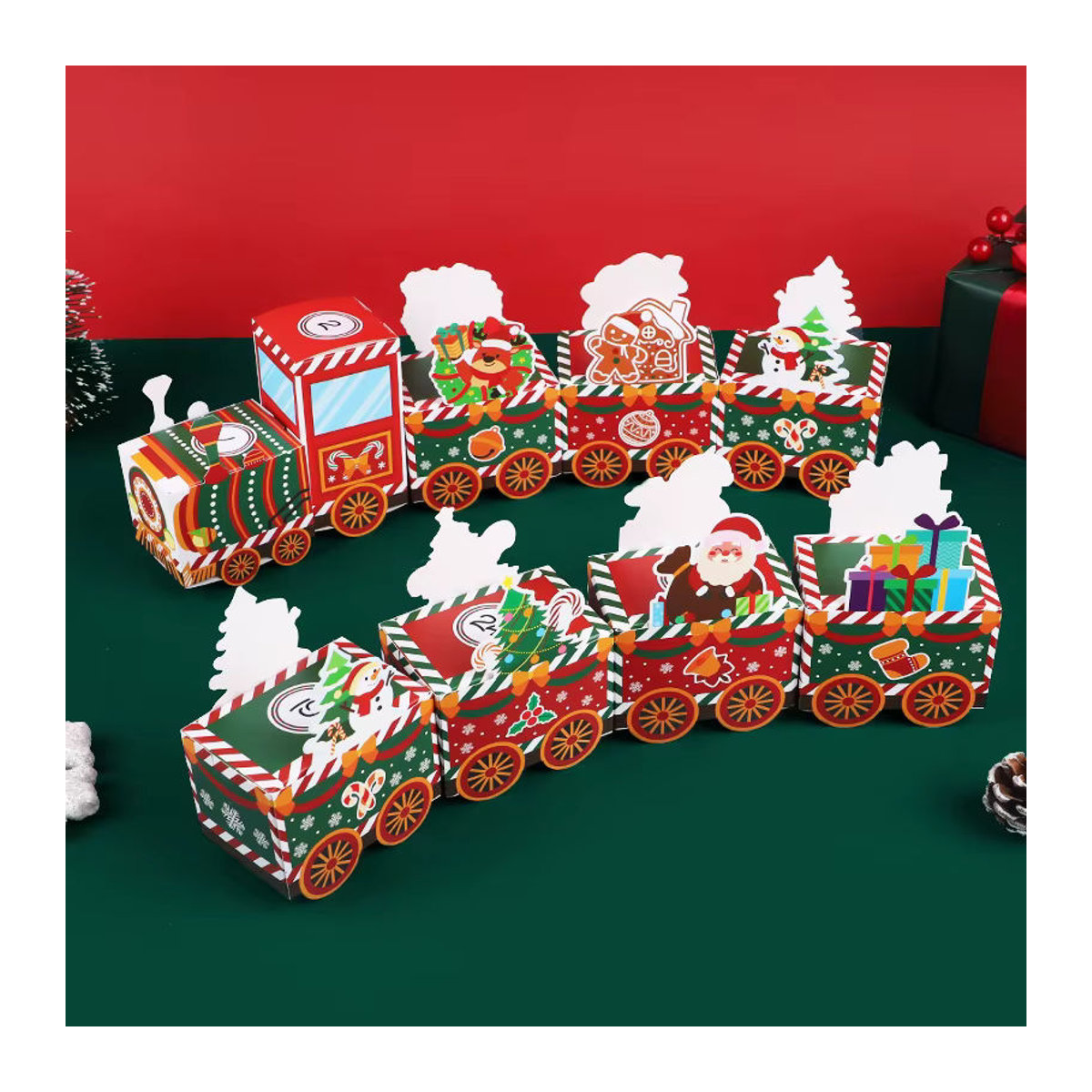 24 Stück ZQNYCY Weihnachtliche Geschenkboxen in Zugform als Adventskalender für Süßigkeiten und Kekse, Mehrfarbig, aus Papier - Bild 3