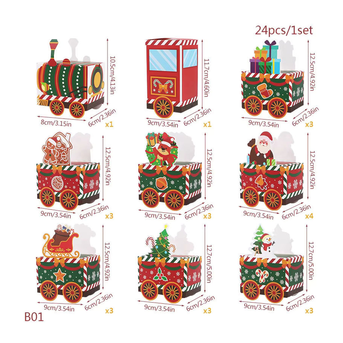 24 Stück ZQNYCY Weihnachtliche Geschenkboxen in Zugform als Adventskalender für Süßigkeiten und Kekse, Mehrfarbig, aus Papier - Bild 6