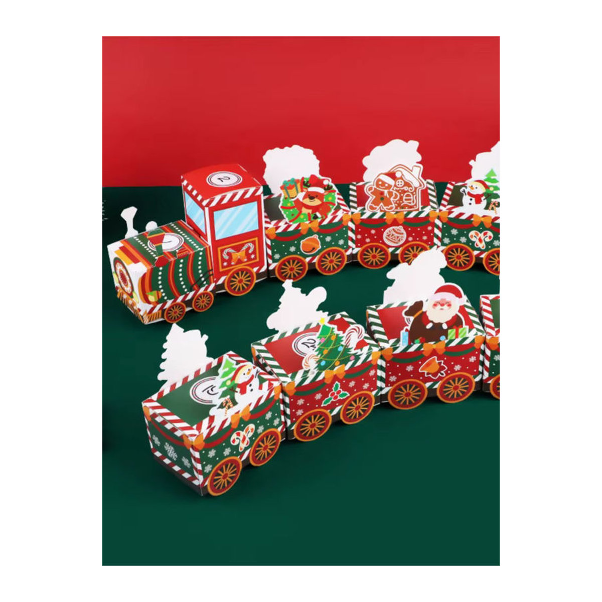 24 Stück ZQNYCY Weihnachtliche Geschenkboxen in Zugform als Adventskalender für Süßigkeiten und Kekse, Mehrfarbig, aus Papier - Bild 7
