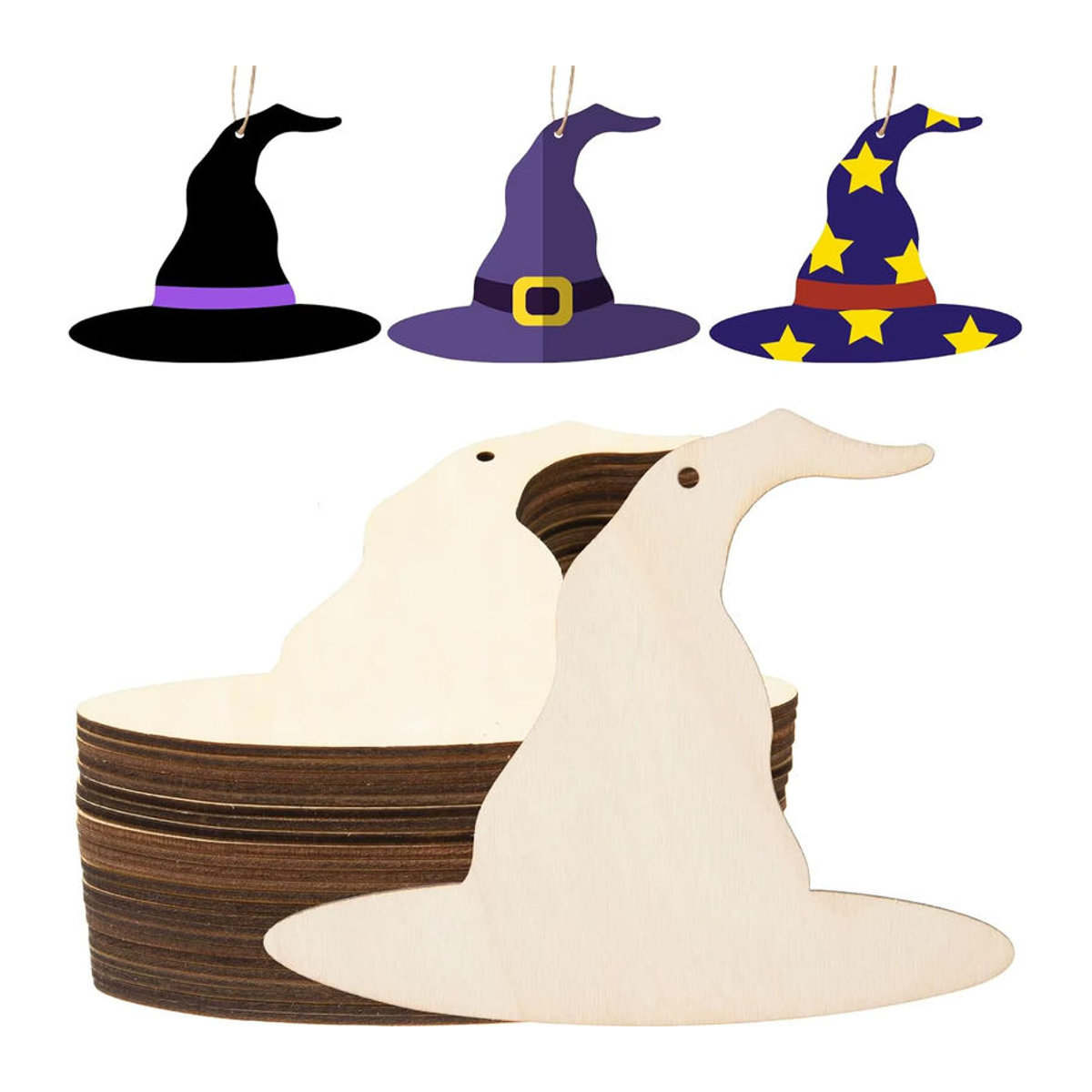 24 unlackierte Hexenhut-Holzscheiben in Braun für Halloween DIY-Hängedekoration inklusive Schnur - Bild 2