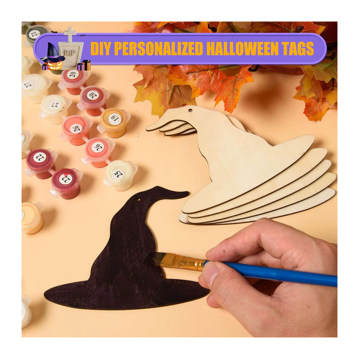 24 unlackierte Hexenhut-Holzscheiben in Braun für Halloween DIY-Hängedekoration inklusive Schnur - Bild 3