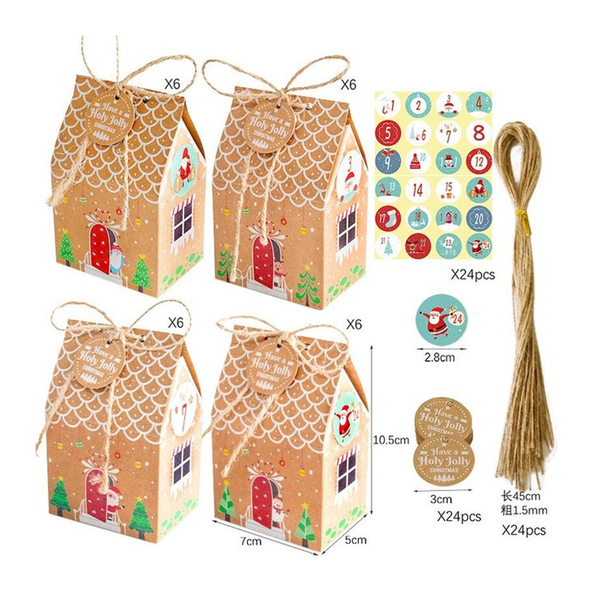 24er Set Hausform Geschenkboxen aus Papier in Braun für Weihnachten und Neujahr zur Verpackung von Süßigkeiten und Keksen - Bild 1