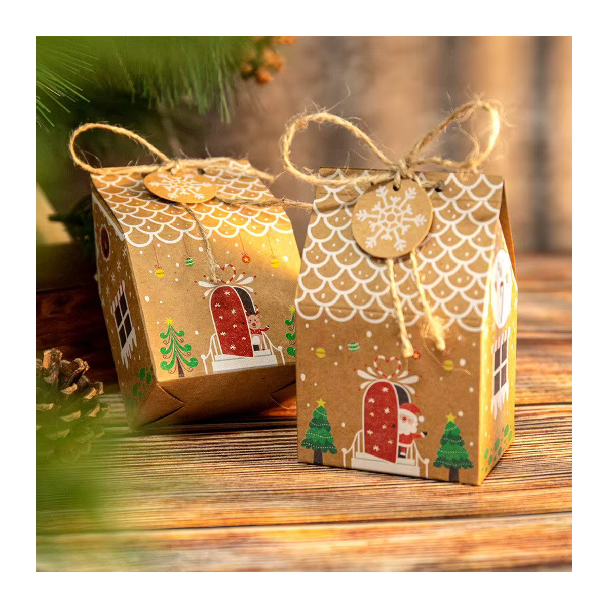 24er Set Hausform Geschenkboxen aus Papier in Braun für Weihnachten und Neujahr zur Verpackung von Süßigkeiten und Keksen - Bild 2