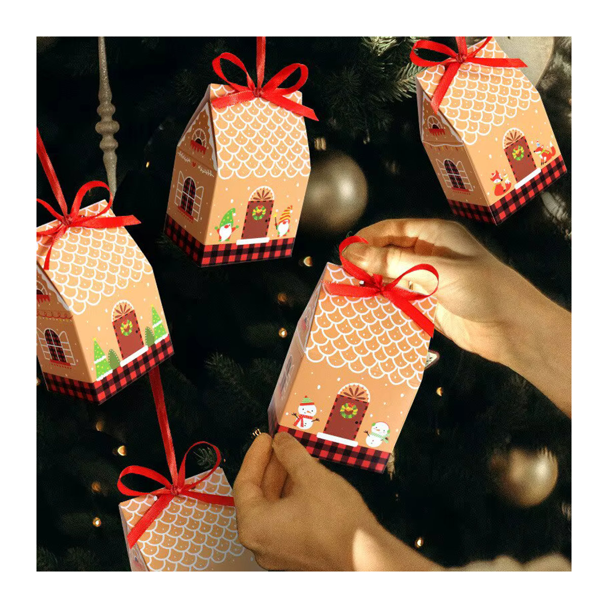 24er Set Hausform Geschenkboxen aus Papier in Braun für Weihnachten und Neujahr zur Verpackung von Süßigkeiten und Keksen - Bild 3