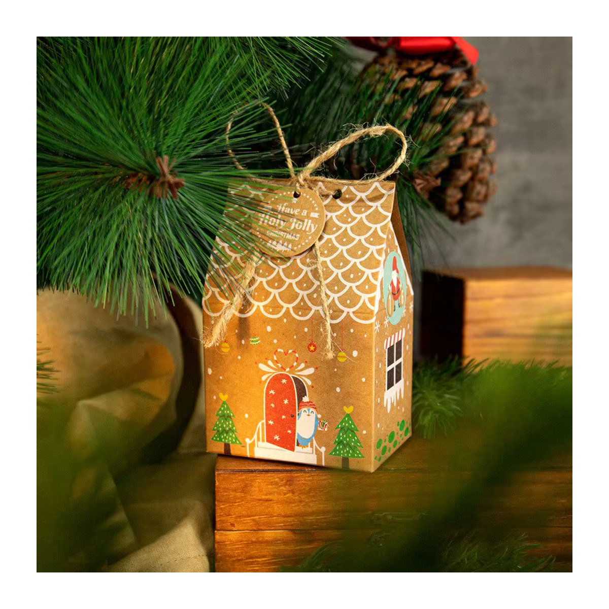 24er Set Hausform Geschenkboxen aus Papier in Braun für Weihnachten und Neujahr zur Verpackung von Süßigkeiten und Keksen - Bild 4