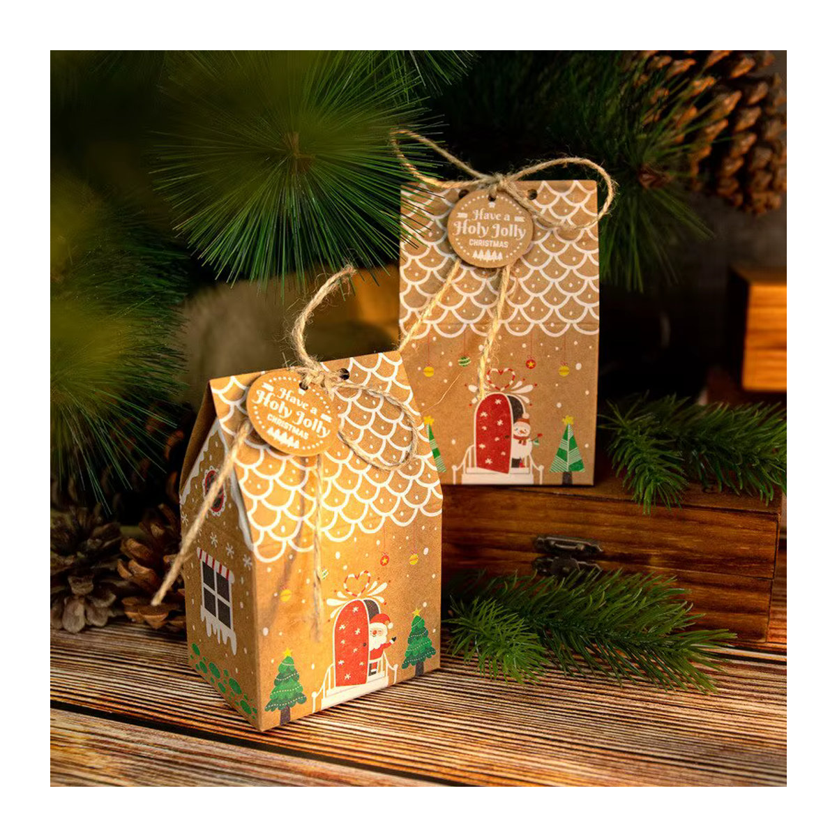 24er Set Hausform Geschenkboxen aus Papier in Braun für Weihnachten und Neujahr zur Verpackung von Süßigkeiten und Keksen - Bild 5