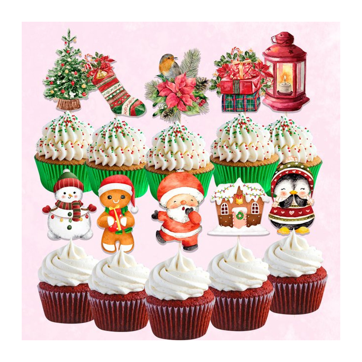 24er Set Tissy Weihnachten Kuchen Topper aus Papier mit Santa Claus, Schneemann und Lebkuchenmann in Mehrfarbig für deine Weihnachts- und Partydekoration - Bild 1