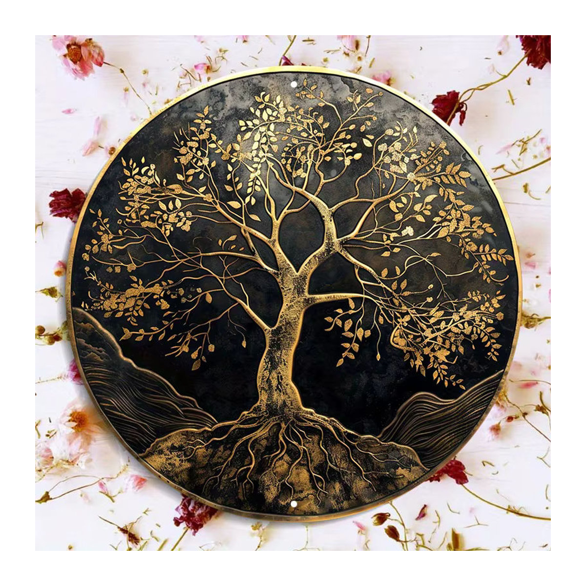 2D Flat Aluminiumschild Baum des Lebens runde Wanddekoration Gold und Schwarz Durchmesser: 20,32 cm - Bild 2