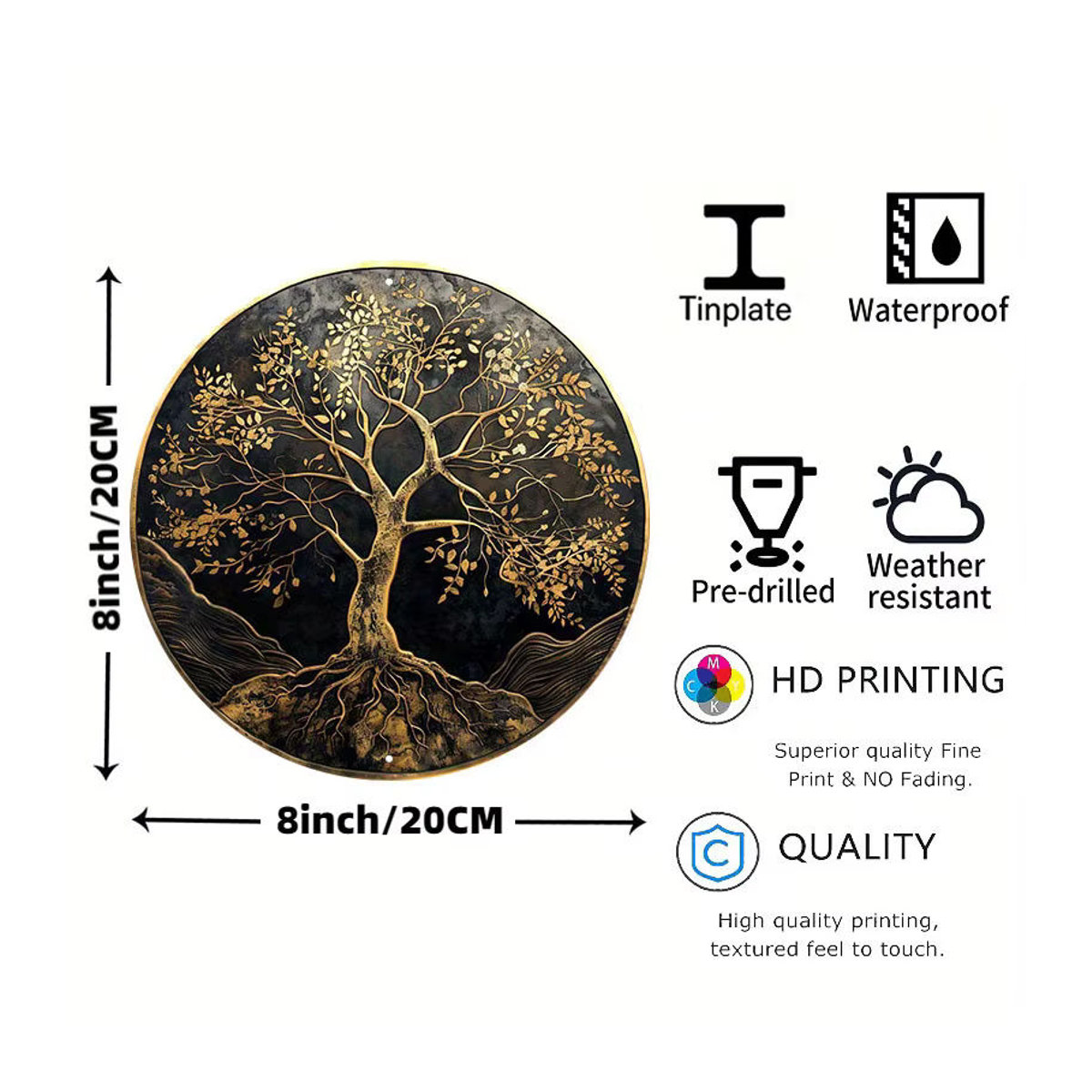 2D Flat Aluminiumschild Baum des Lebens runde Wanddekoration Gold und Schwarz Durchmesser: 20,32 cm - Bild 3