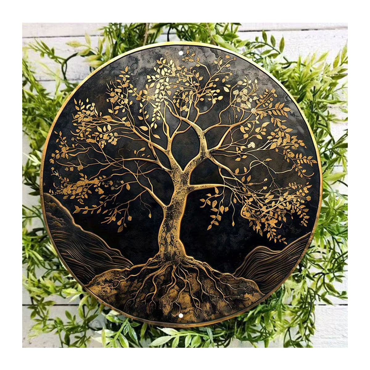 2D Flat Aluminiumschild Baum des Lebens runde Wanddekoration Gold und Schwarz Durchmesser: 20,32 cm - Bild 4
