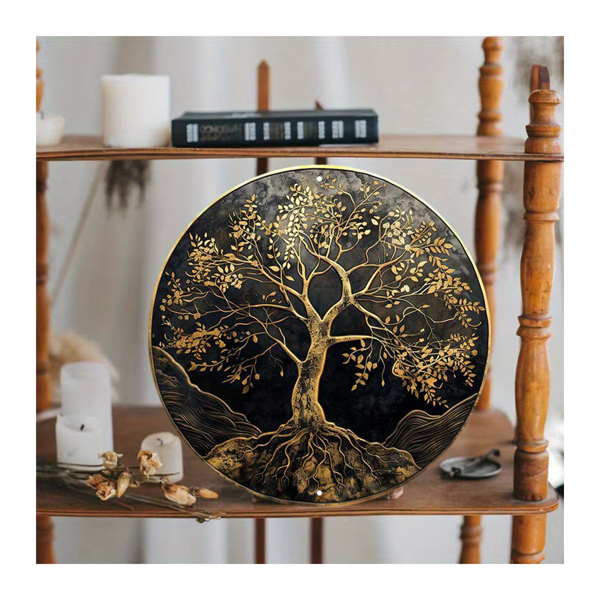 2D Flat Aluminiumschild Baum des Lebens runde Wanddekoration Gold und Schwarz Durchmesser: 20,32 cm - Bild 5