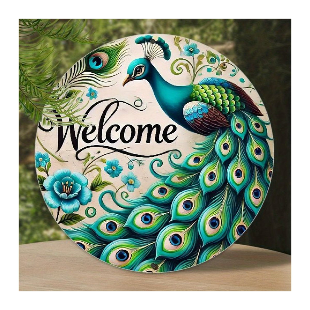2D Flat Peacock Welcome Sign Wandkunst aus Metall in Blau und Grün, B/H: 20,32 x 20,32 cm - Bild 1