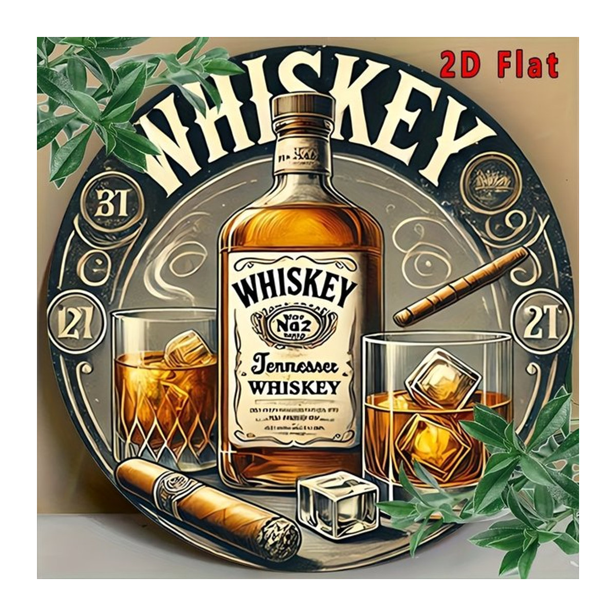 2D Flat Vintage Whiskey & Wine Aluminium Wandschild mit Typografie in Mehrfarbig, Rahmenloses Metall-Wandbild im quadratischen Design - Bild 1