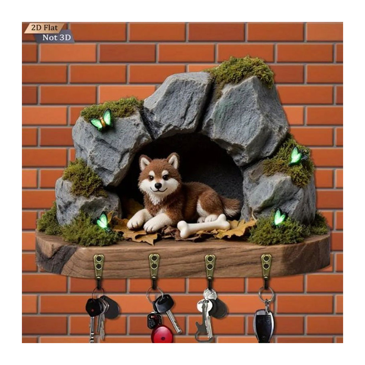 2D-Plüschwelpe in der Höhle Wanddekoration aus Holz und Metall mit 4 Haken, mehrfarbig und grau, B/H: 30 x 30 cm - Bild 1