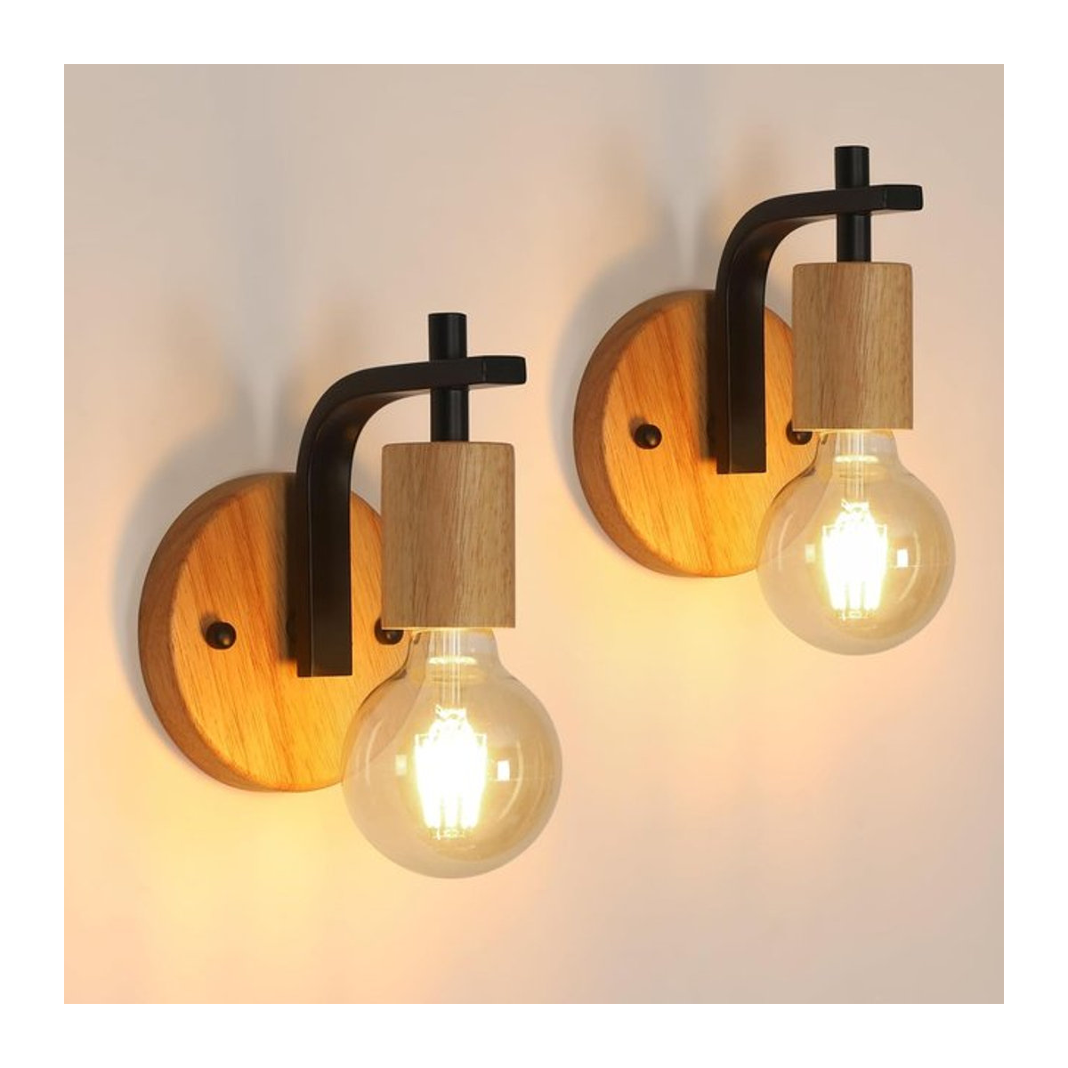 2er-Pack Vintage Wandleuchten aus Holz in Schwarz/Natur im Industrial-Design mit E27 Fassung - Bild 1