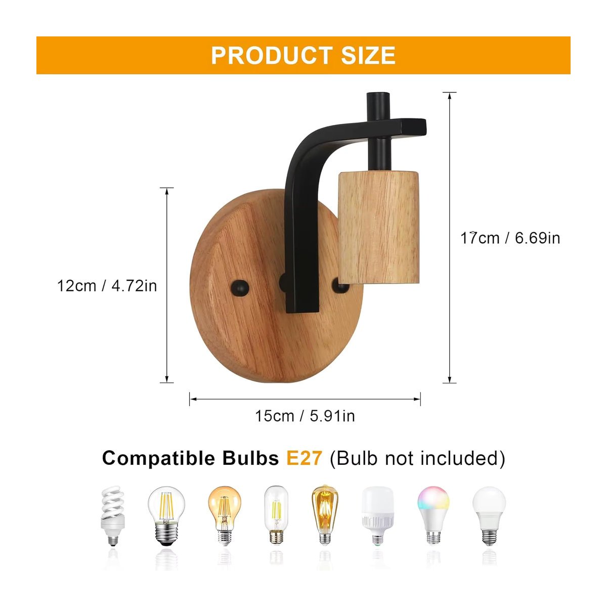 2er-Pack Vintage Wandleuchten aus Holz in Schwarz/Natur im Industrial-Design mit E27 Fassung - Bild 2