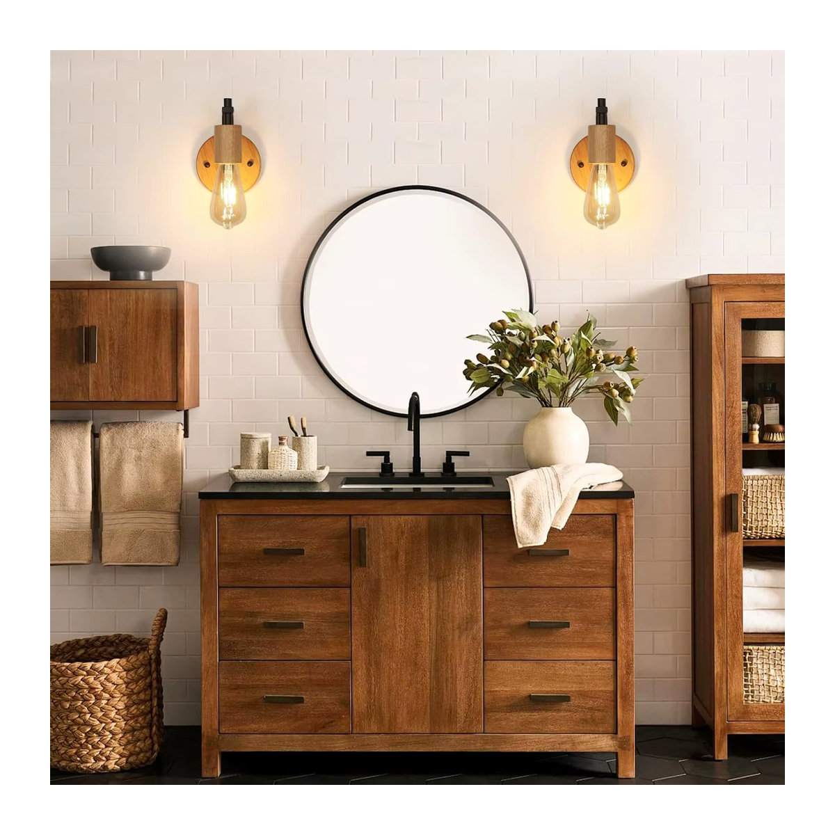 2er-Pack Vintage Wandleuchten aus Holz in Schwarz/Natur im Industrial-Design mit E27 Fassung - Bild 6