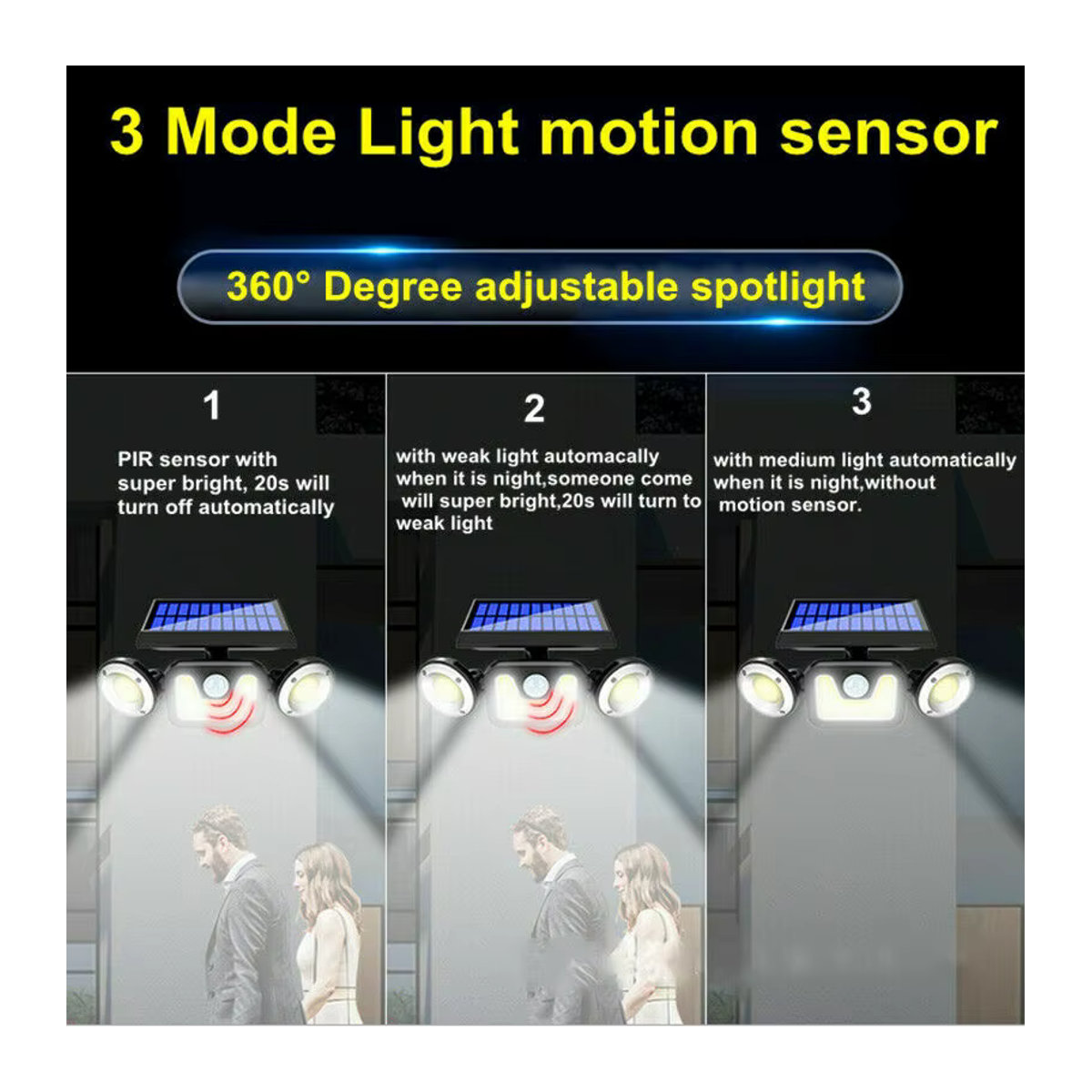 2er Pack ZTree Solarleuchten Outdoor mit 3 LED-Köpfen, Bewegungssensor und IP65 Wasserdichtigkeit, Schwarz, Modernes Design - Bild 3