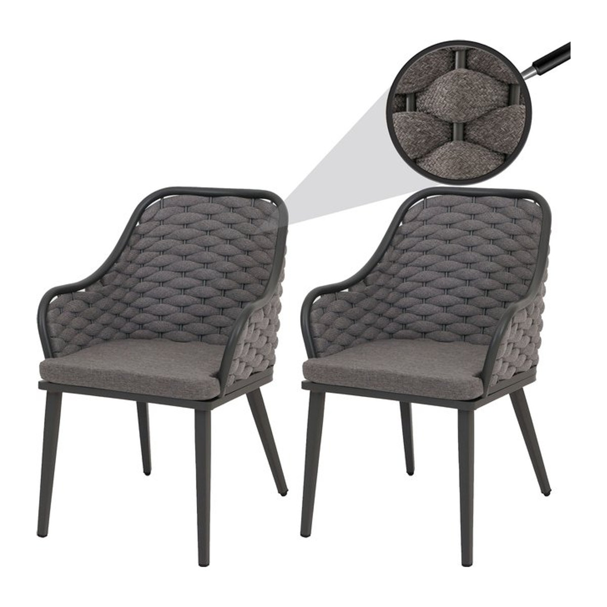 2er-Set Aluminium-Gartenstühle MCW mit Armlehnen aus Olefin-Seilgeflecht in Anthrazit und dunkelgrauen Kissen - Bild 1