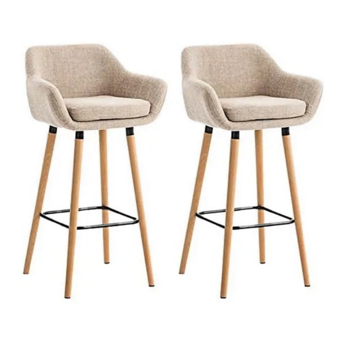 2er-Set Barhocker in Beige mit Rückenlehne und Fußstütze aus Leinen und Massivholz im skandinavischen Design - Bild 1
