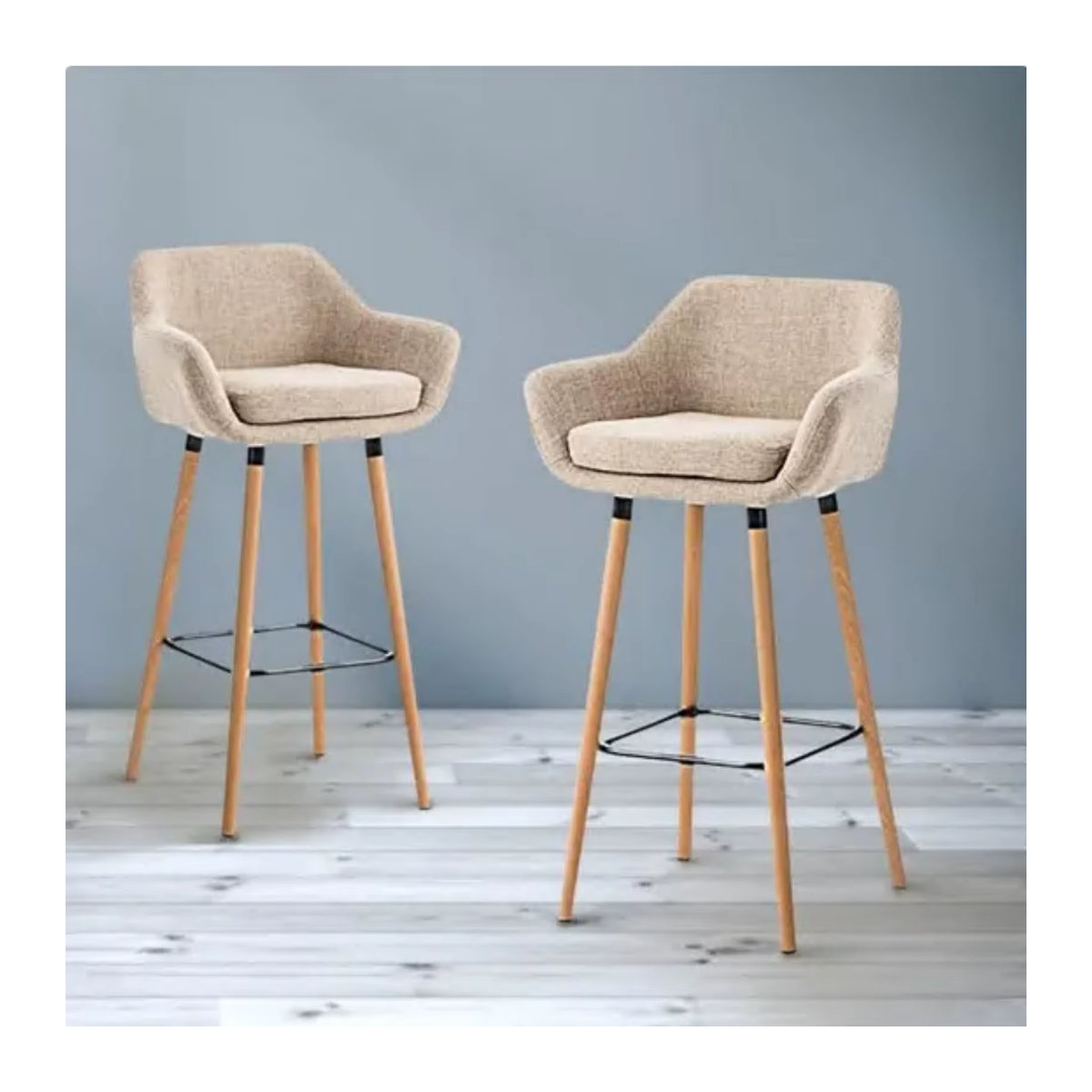 2er-Set Barhocker in Beige mit Rückenlehne und Fußstütze aus Leinen und Massivholz im skandinavischen Design - Bild 3