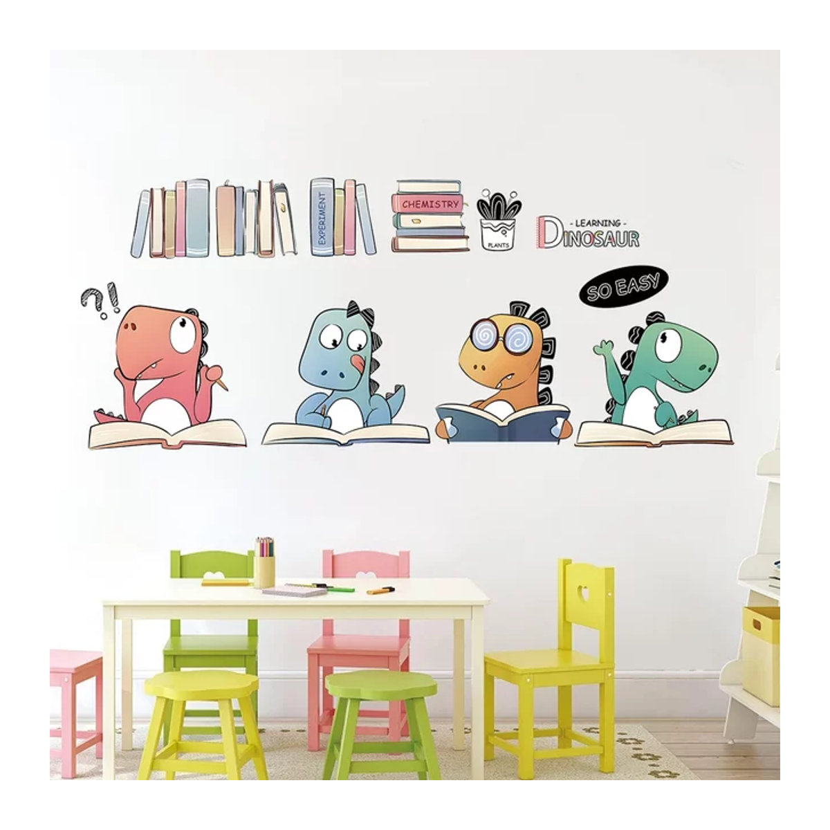 2er-Set BRUP Wandaufkleber mit lesendem Dinosaurier für Kinderzimmer und Babyzimmer, mehrfarbig - Bild 1