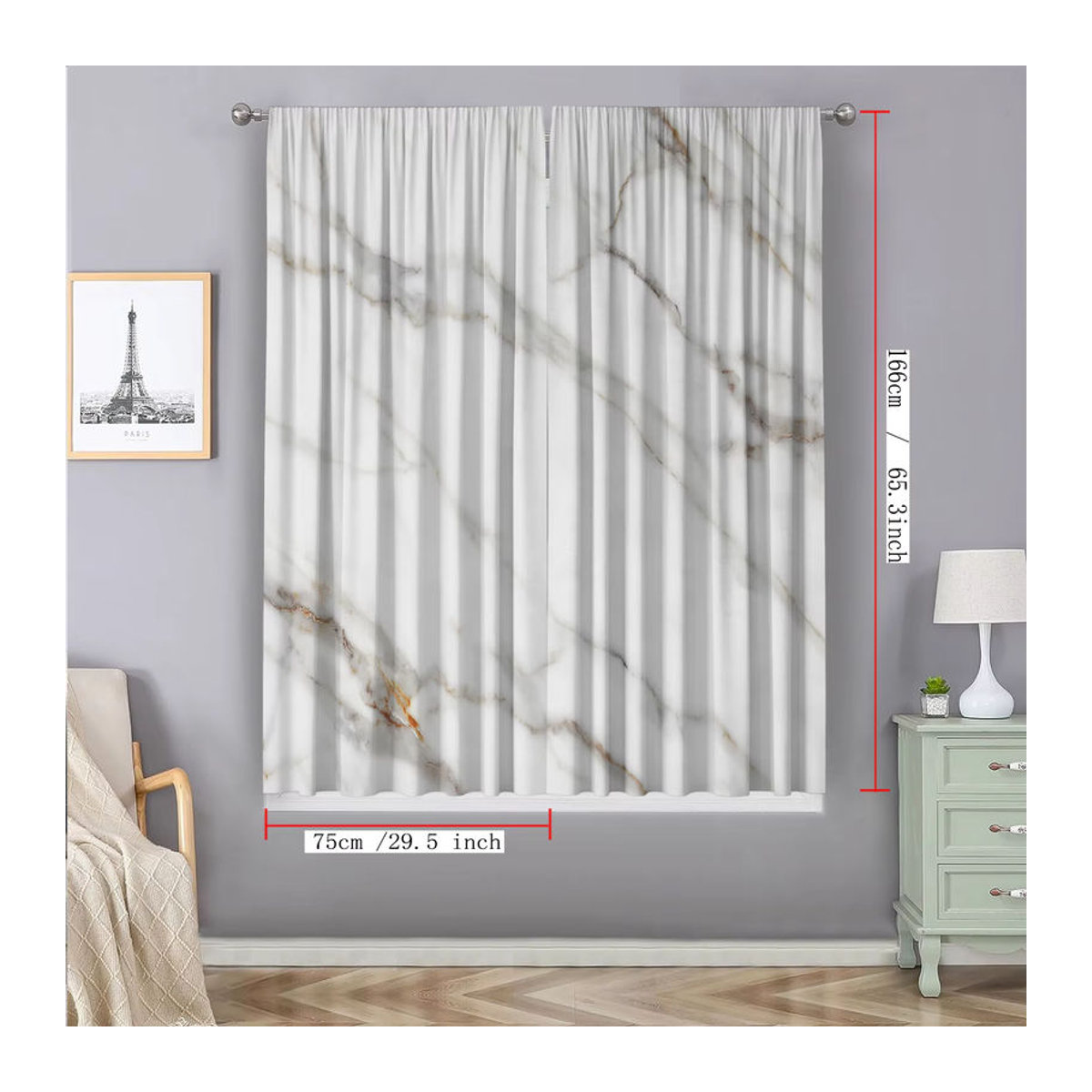 2er-Set Dekorative Vorhänge in Marmor Weiß mit Stangen Taschen für Küche, Café, Wohnzimmer oder Balkon - Bild 3