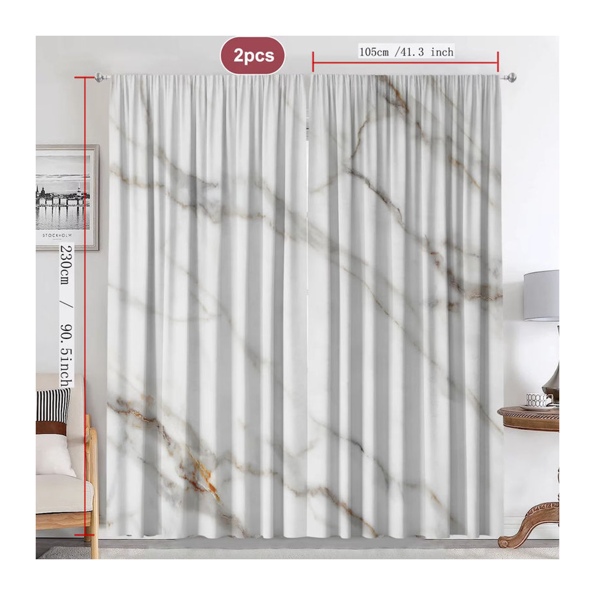 2er-Set Dekorative Vorhänge in Marmor Weiß mit Stangen Taschen für Küche, Café, Wohnzimmer oder Balkon - Bild 4