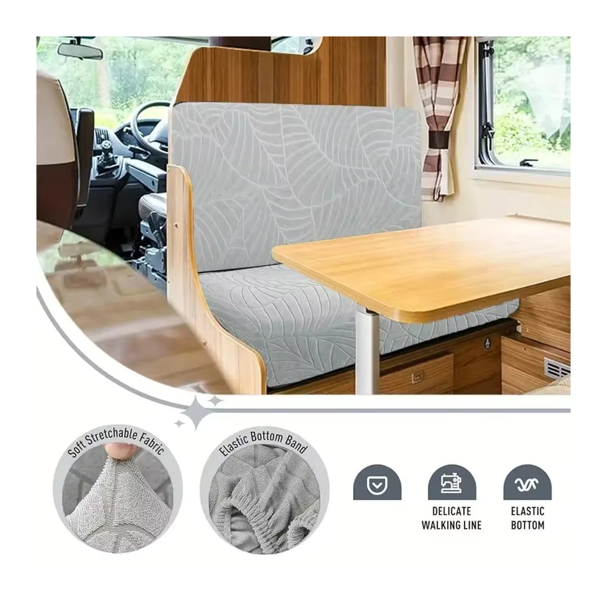 2er-Set elastische Jacquard Kissenbezüge mit Blättermuster für Sofa, Wohnmobil und Auto in Beige und Mehrfarbig - Bild 3