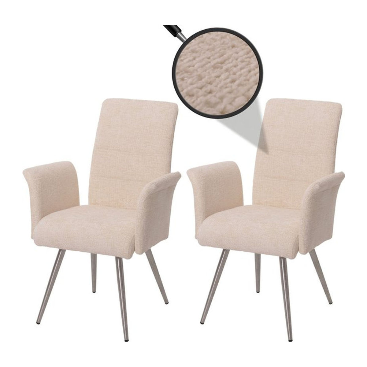 2er-Set Esszimmerstühle MCW Modern mit Armlehnen aus Chenille in Beige und gebürstetem Edelstahl - Bild 1