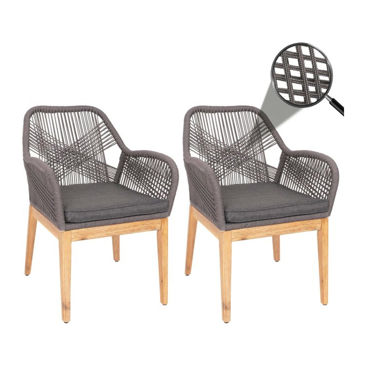2er-Set Gartenstühle MCW-H56b aus Akazienholz mit Seilgeflecht und Kissen in Grau und Anthrazit - Bild 1