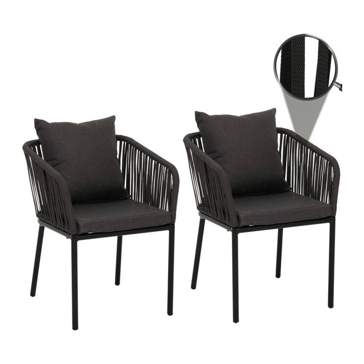 2er-Set Gartenstühle MCW Outdoor mit Armlehnen aus Aluminium und Seilgeflecht in Anthrazit inklusive dunkelgrauen Kissen - Bild 1