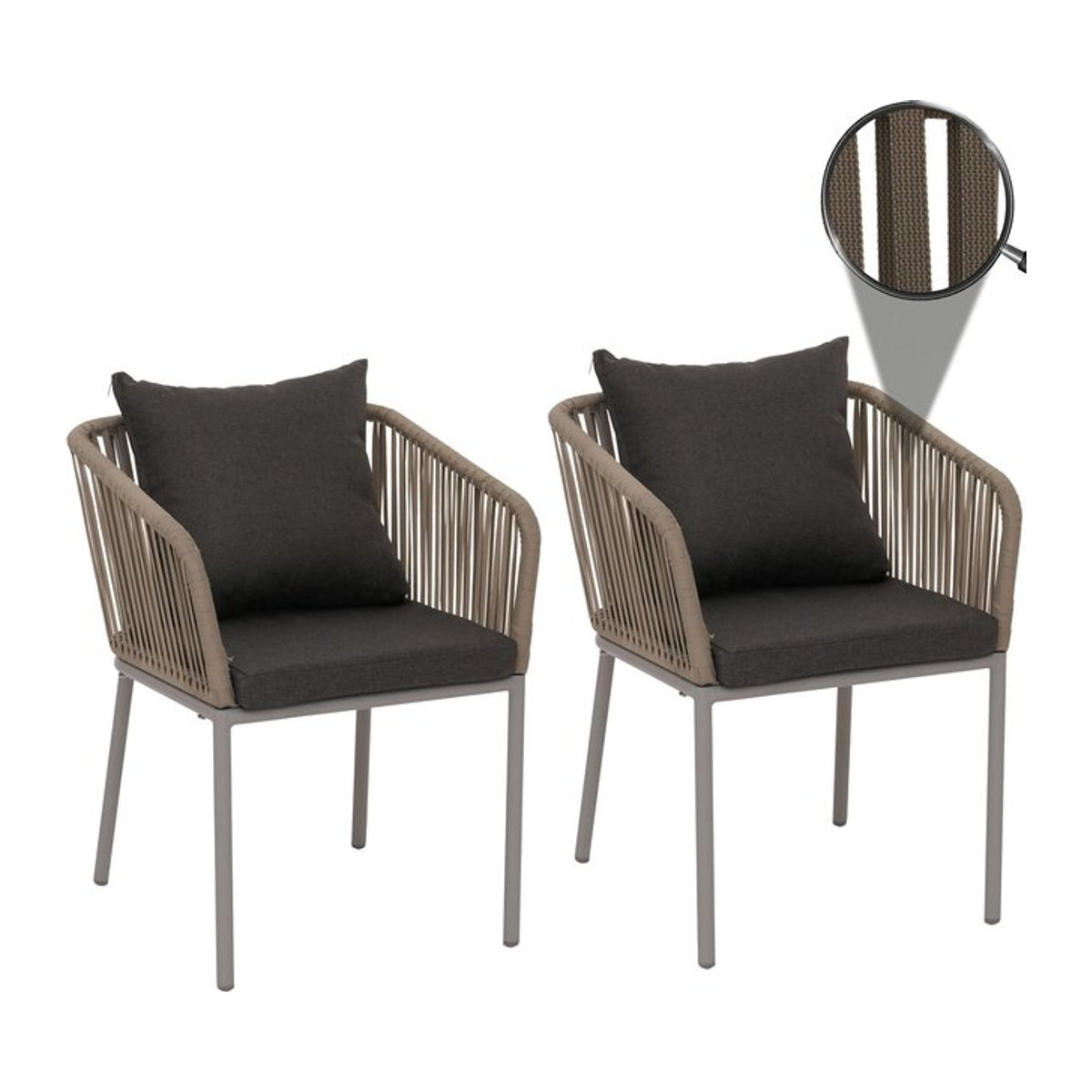 2er-Set Gartenstühle MCW Outdoor mit Armlehnen aus Aluminium und Seilgeflecht in Grau inklusive dunkelgrauen Kissen - Bild 1