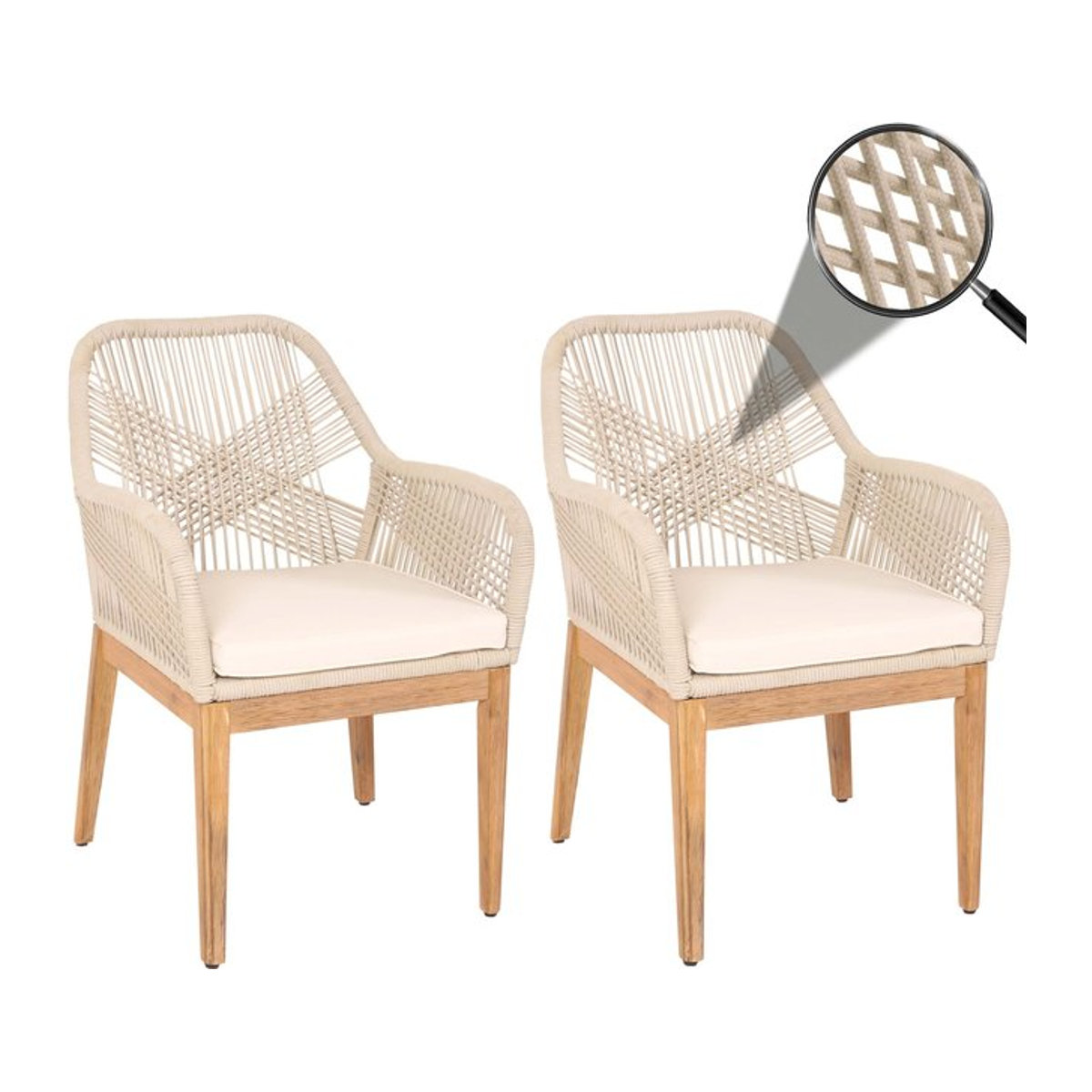 2er-Set Gartenstühle MCW Outdoor Sessel aus Akazienholz mit Seilgeflecht und Kissen in Beige und Creme-Weiß - Bild 1