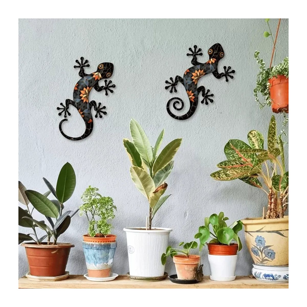 2er-Set Gecko-Wandornamente aus Metall von CIFBUY in Mehrfarbig mit floralem Design für die Wandmontage im Innen- und Außenbereich - Bild 1