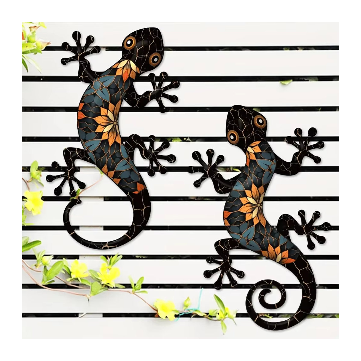 2er-Set Gecko-Wandornamente aus Metall von CIFBUY in Mehrfarbig mit floralem Design für die Wandmontage im Innen- und Außenbereich - Bild 3
