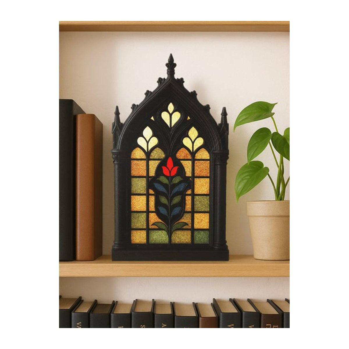 2er-Set Holz-Tischdekoration im Kirchenfenster-Stil mit floralem Blumenmuster in Schwarz für Halloween und Vintage-Dekoration - Bild 1