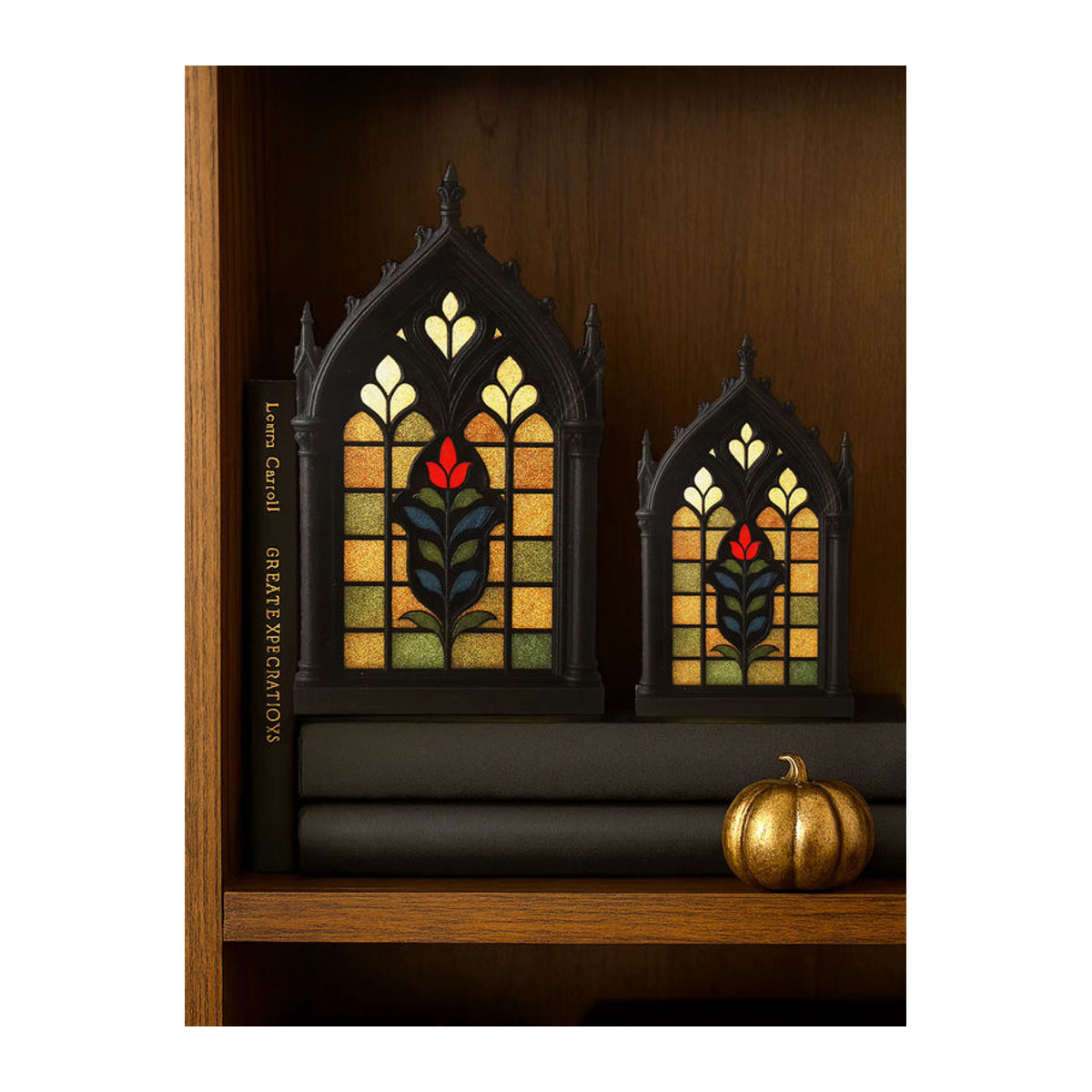 2er-Set Holz-Tischdekoration im Kirchenfenster-Stil mit floralem Blumenmuster in Schwarz für Halloween und Vintage-Dekoration - Bild 3