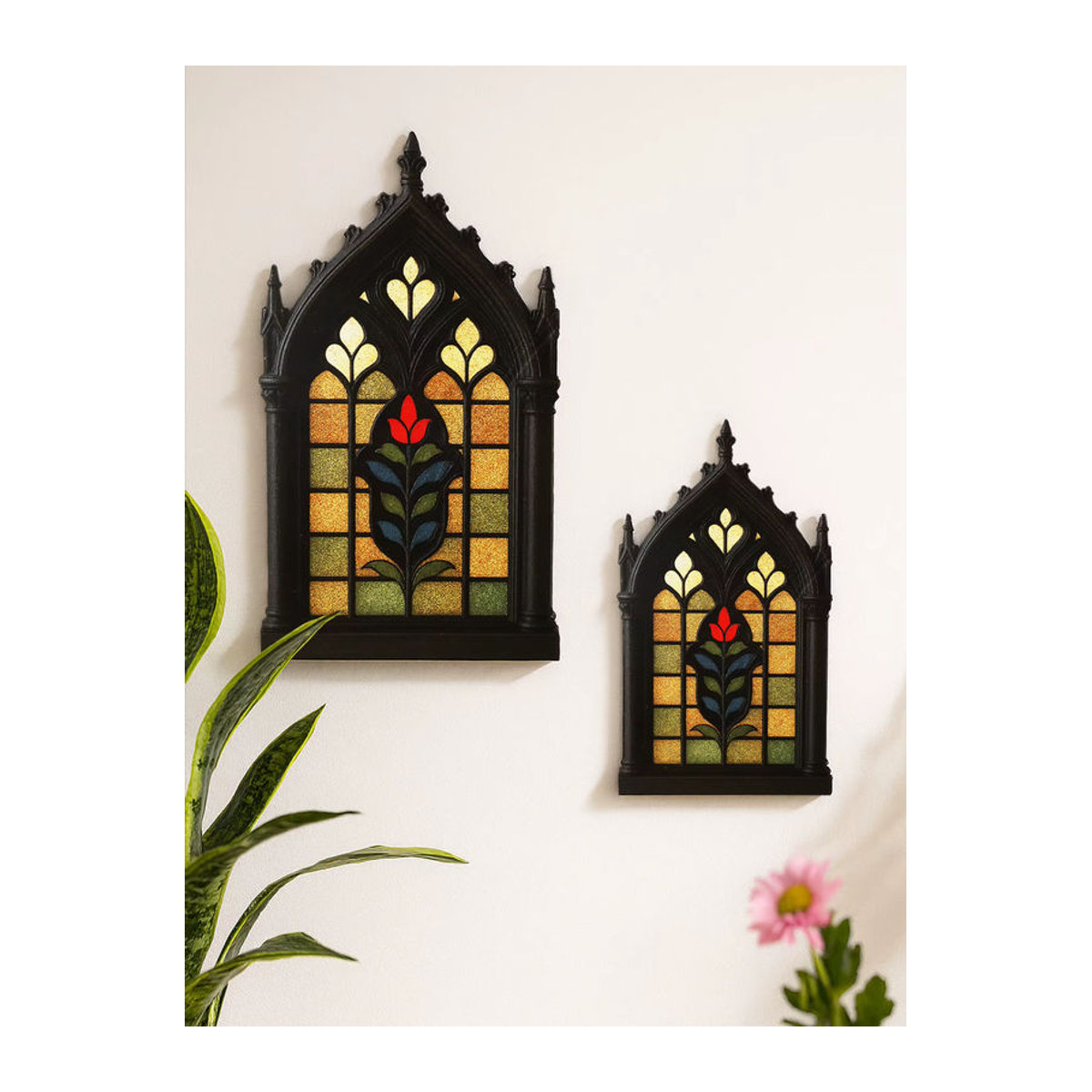 2er-Set Holz-Tischdekoration im Kirchenfenster-Stil mit floralem Blumenmuster in Schwarz für Halloween und Vintage-Dekoration - Bild 5