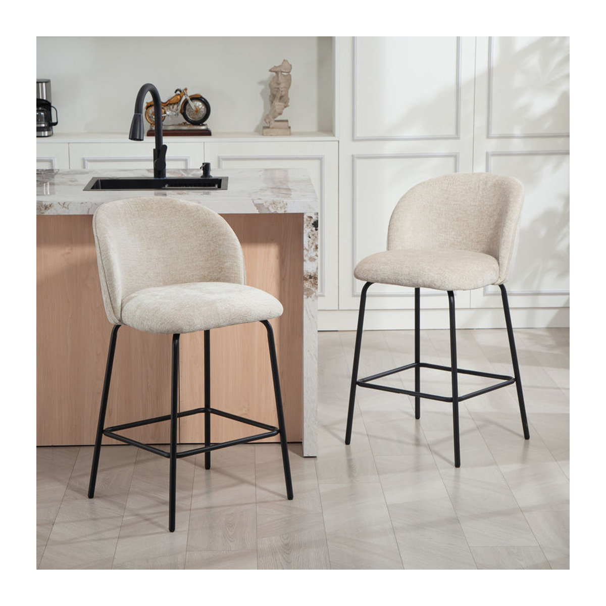 2er Set HOMCOM Barhocker in Beige mit Chenille-Optik und Stahlgestell, Sitzhöhe: 68 cm - Bild 2