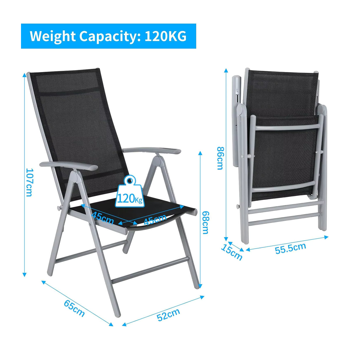 2er Set Homfa Faltbare Liegestühle aus Aluminium mit Polsterung in Schwarz, Verstellbare Gartenstühle mit hoher Rückenlehne für Terrasse und Esszimmer - Bild 3