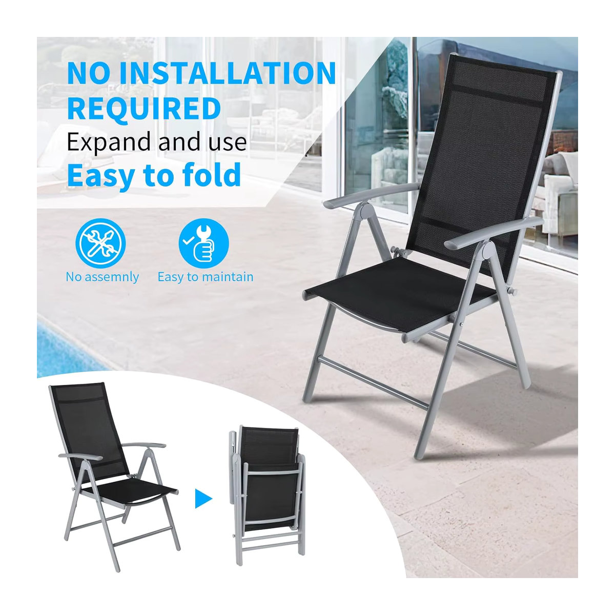 2er Set Homfa Faltbare Liegestühle aus Aluminium mit Polsterung in Schwarz, Verstellbare Gartenstühle mit hoher Rückenlehne für Terrasse und Esszimmer - Bild 4