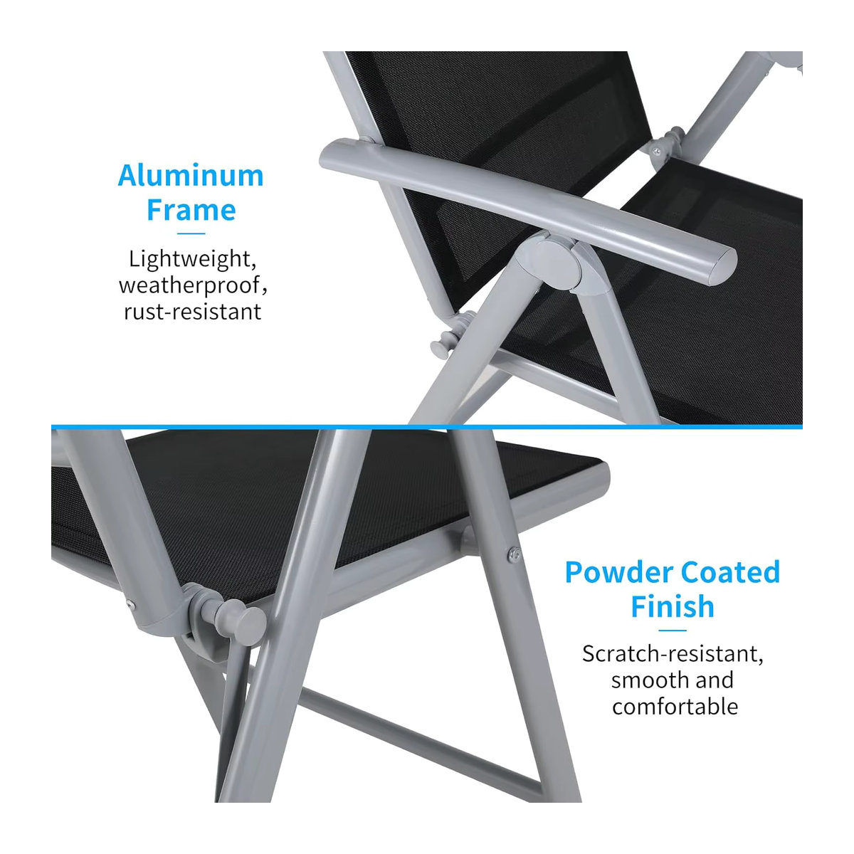2er Set Homfa Faltbare Liegestühle aus Aluminium mit Polsterung in Schwarz, Verstellbare Gartenstühle mit hoher Rückenlehne für Terrasse und Esszimmer - Bild 6